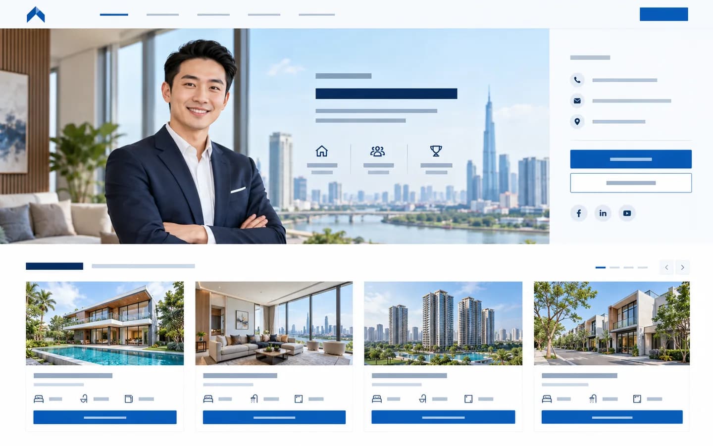 Portfolio môi giới bất động sản với hồ sơ cá nhân, thông tin liên hệ và các bất động sản nổi bật