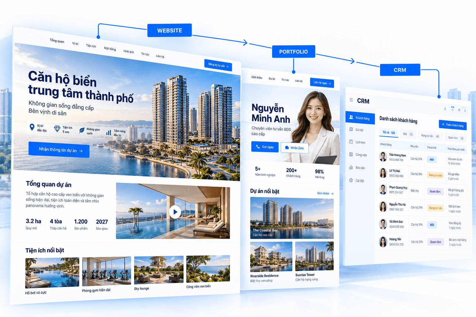 Minh họa CardMe BĐS: website dự án, website cá nhân và portfolio môi giới kết nối với CRM quản lý khách hàng